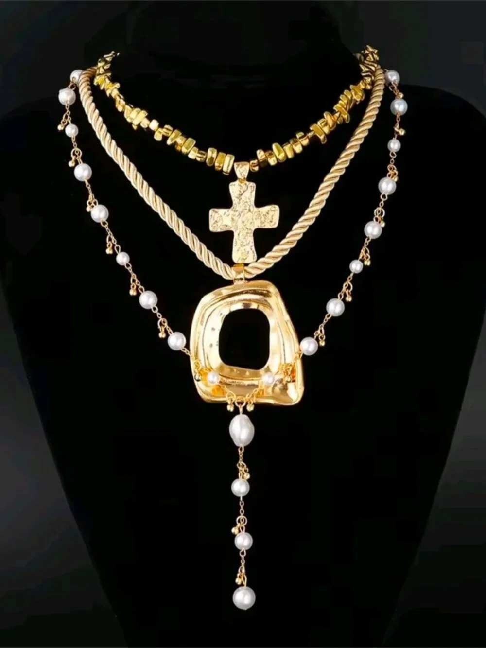 Gold-Tone Layered Necklace with White Pearls